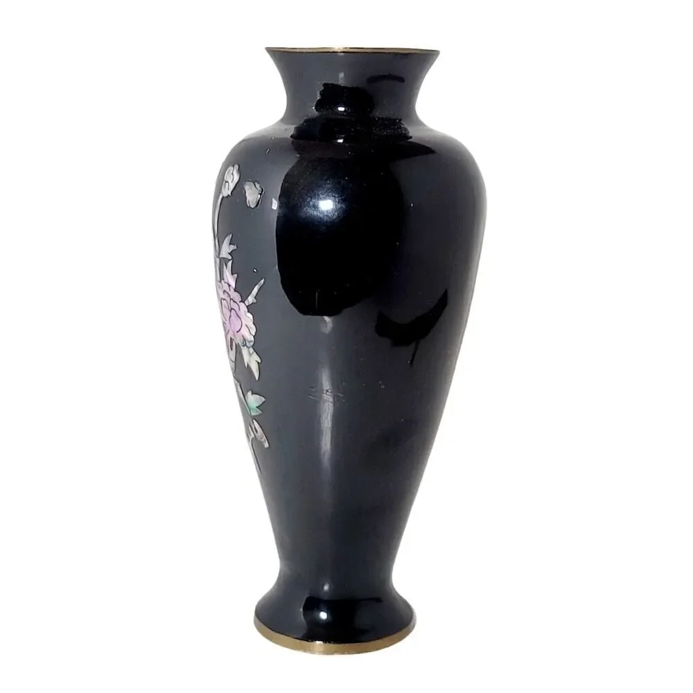 Vtg Asian Japanese Baluster Vase Black Lacquer & Mother of Pearl Floral Inlay 7